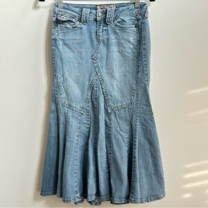 Y2K Retro Low Waist Boho Flared Distressed Midi Skirt Coastal Cowgirl Hippie 0